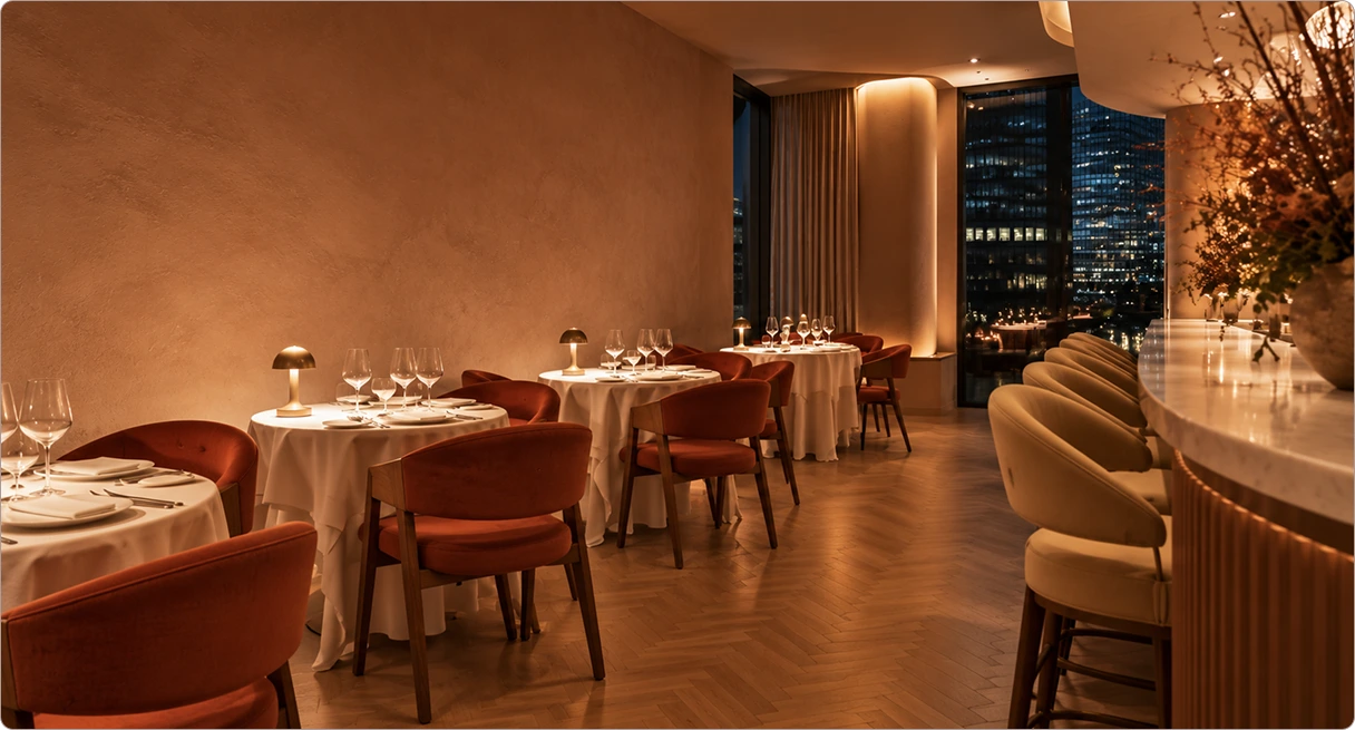 Warmly lit dining room with terracotta chairs and white tablecloths